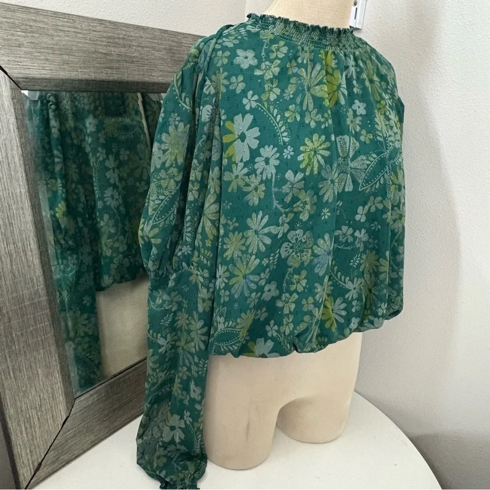 Free People Green Puff Sleeve Ruffled Blouse